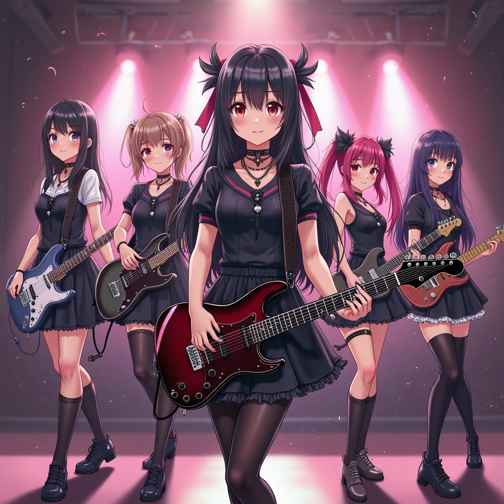 (masterpiece:1.2, best quality), (highly detailed:1.3), perfect eyes, 3girls, 14yo, rock band, (white panties), black dress, goth, play electric guitars, in a garage, angry, aggressive, heavy metal, black red, dark, dark theme