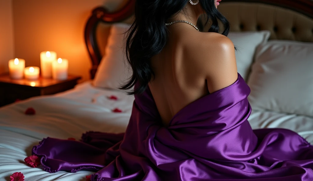 beautiful girl in a purple robe with a lowered shoulder, with black hair, back view 
