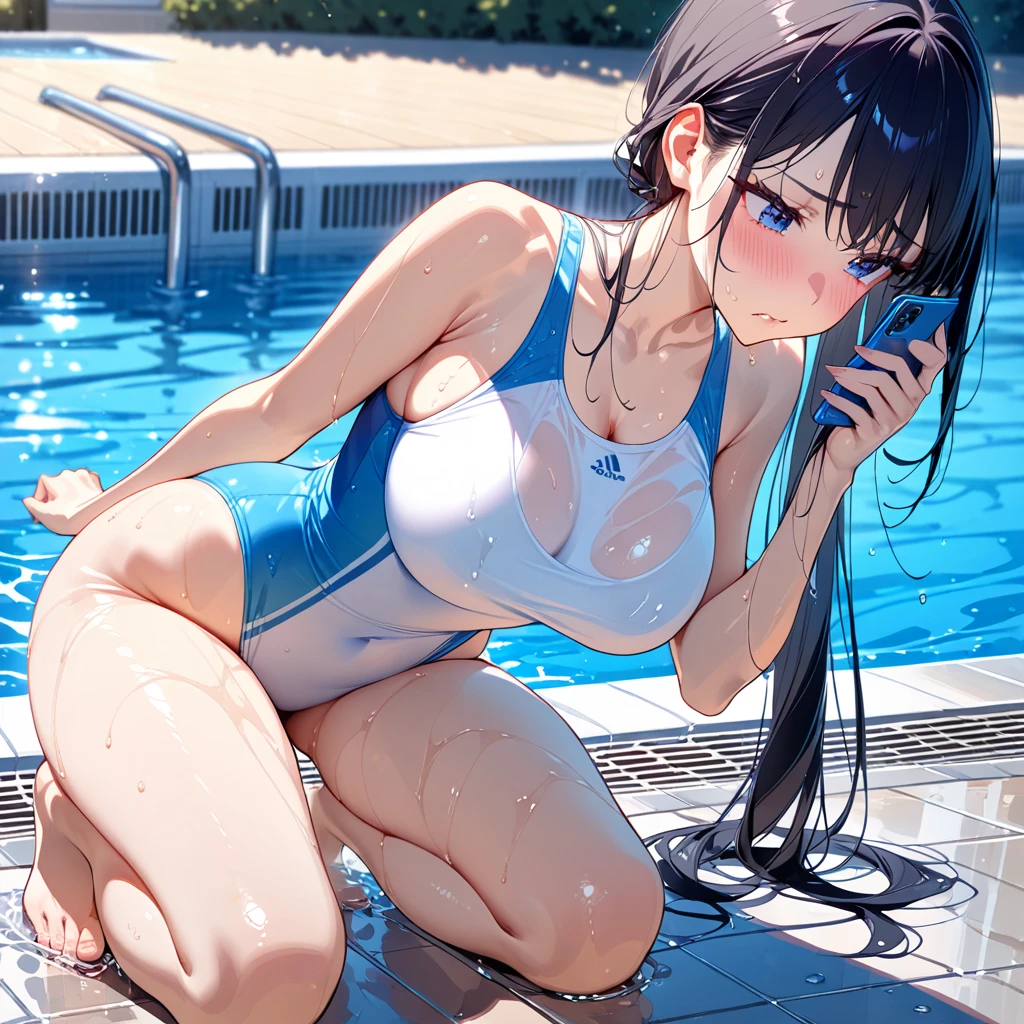 ((Top Quality)), ((Masterpiece)), ((Detail)), Perfect face, Perfact bodty, sitting on the swmming pool, listening to music, wearing headphones, wearing swimsuits, swimsuits are transparent, legs open Sitting wide open, wearing tight clothing (yes, buttocks and breasts are exposed). I see a face, one women