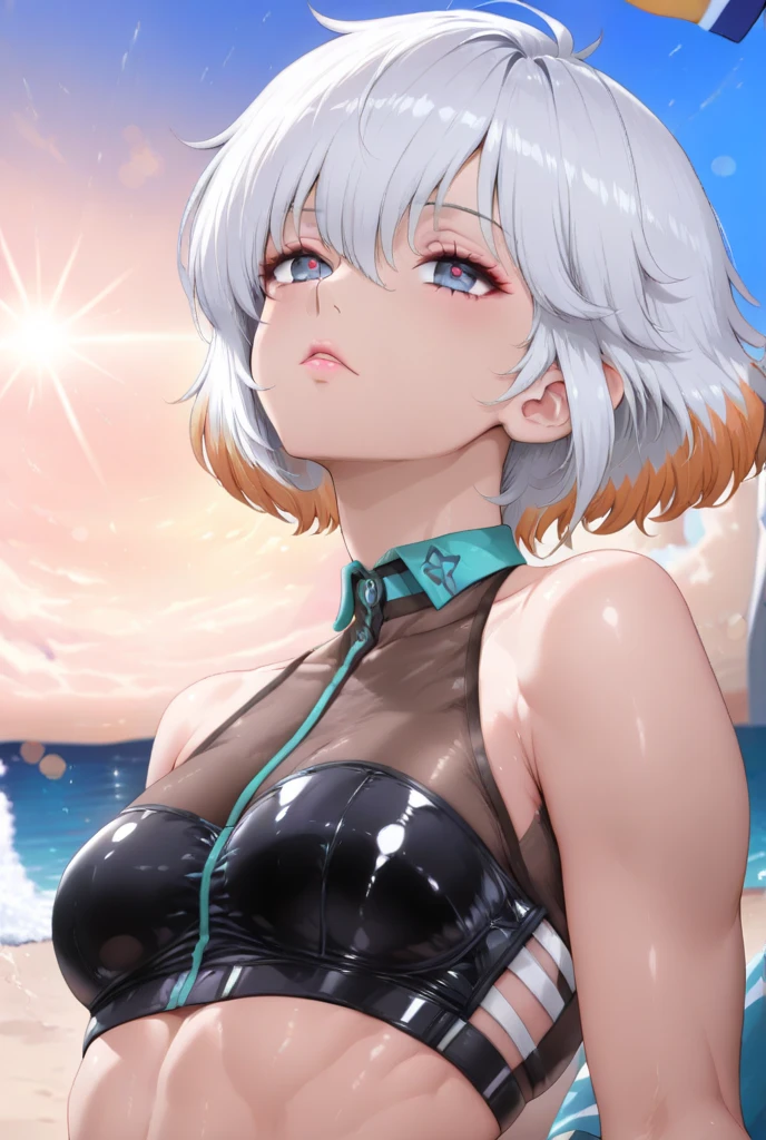 White hair, short hair, big breasts, puffy breasts, looking at viewer, sexy face, vulgar look, tongue sticking out, bikini, holding breasts, sweat, beautiful face, face, high detail, anime, 8k, super detail, shiny skin, beautiful eyes, sparkling eyes, beautiful figure,