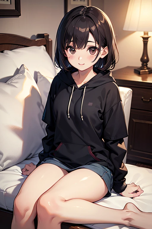 ((highest quality)), ((masterpiece)), (detailed), Perfect face brown hair　　Wolf Cut　Cat ear　blush　They seem to be having fun.　Wearing a hoodie　Sitting on a futon　Her breasts are very large　Nipples are visible　Not wearing pants　