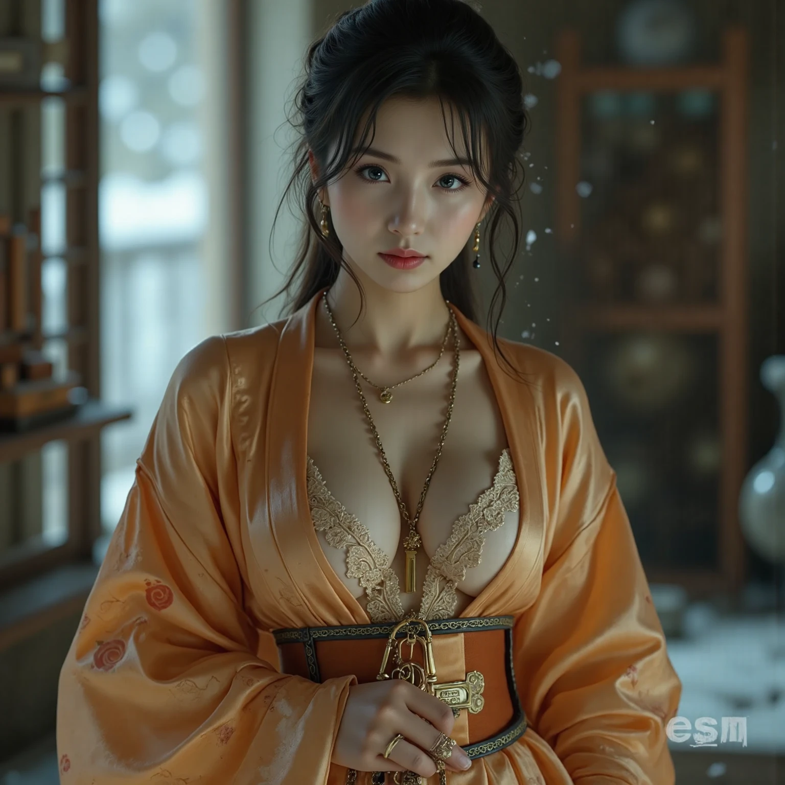 (A woman in her twenties wielding a Japanese sword),(handsome girl), (Hanfu), white skin, surrounded by ink water,Surrounded by the wind, clear face, clear and bright eyes, high detail, whole body, movie lights, motion blur, ray tracing, reflected light, (enlargement), masterpiece, best quality, high quality, high details, super detail, 1080p, UHD, HD, character design, photorealistic, Unreal Machine, concept art, Popularity of Art Station, ((realistic)), looking at viewer, fantasy art, Amazing Gradient Colors, amazing detail,absurd, HDR. Japanese Warring States Period, A little bit of cleavage is visible, Bandaged chest., big bust, sexy, from below, Holding a Japanese sword