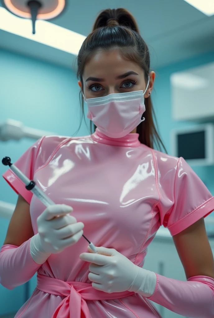 nurse holding syringe filled with liquid, wearing latex nurse dress, latex mask over mouth and nose, latex gloves, auburn hair