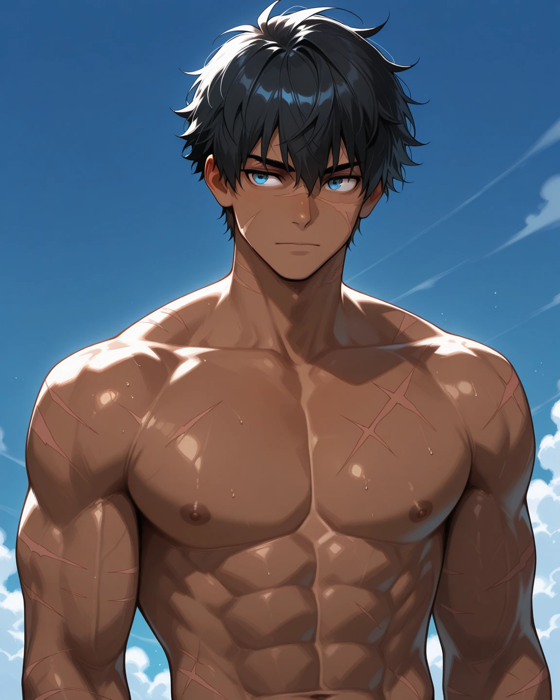 Muscular and sexy man flexing naked with dark skin looking at camera 2D anime illustration