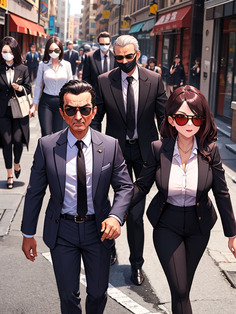 Anime characters posing with a man in a suit, dressed appropriately, popular on cgstation, high-quality fanart, kavasi, inspired by Ding Yunpeng, Guvez style artwork, phoenix wright, spy X family, popular in CGSTATION, ace lawyer style, wearing a suit and glasses, 2 0 2 0 s promotional art,