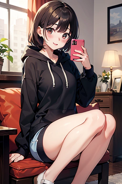 detailed illustration, dynamic angle, ultra-detailed, illustration, 1girl, red tank top, black leather jacket, crop top, long black hair, straight hair, medium breasts, short black plaid skirt, sitting on couch, spread legs, smiling, shy, innocent, bright green eyes, texting on phone, playing on her cellphone, looking at her cellphone, grinning, night