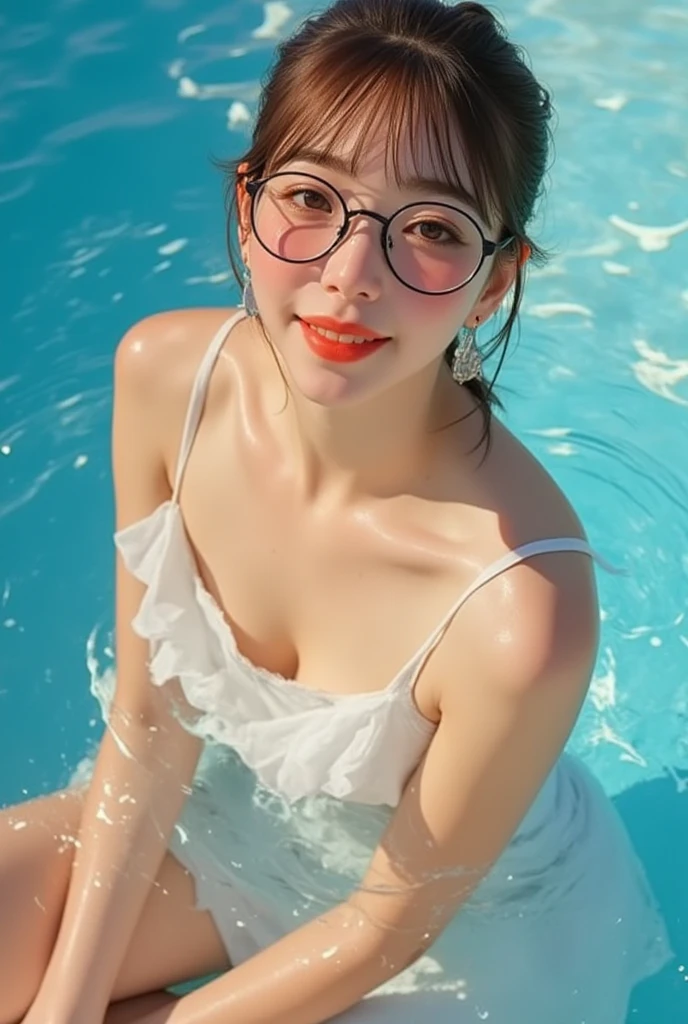 highest quality, RAW Photos, Realistic, face, Incredibly beautiful girl, cute, length Hair,ponytail,Glasses,Written boundary depth, High resolution, Super detailed, detailed, Very detaileded, extremely detaileded eye and face, Sharp pupils, Realistic students, Sharp focus, Cinema Lighting, Japanese, Short Woman, Physical build, Short arms, length, Narrow eyes, Fleeting atmosphere, 30 years old, Brown bob hair, ((thin lips)), White top and bottom underwear, masterpiece, highest quality, Detailed skin, Detailed face, fine grain, 8k, Excellent anatomy, Upper body portrait,flat breasts, small breasts, small,( small bust: 1.2), small bust, (slim, small, flat, small), thin, Delicate and sexy collarbone, One Girl, (beautiful girl, Delicate girl:1.3), (15 years old:1.3),
break, (One Piece Swimwear, Swimwear:1.2),
break, (Pool:1.3),
break, Very beautiful eyes, (Symmetrical eyes:1.3),
break, , Brown eyes, Parted bangs, Brown Hair, (Upper teeth, The best smile:0.2),
break, (Eyes and face detail:1.0),
break, (masterpiece, highest quality, Super detailed, Detailed face, 8k)