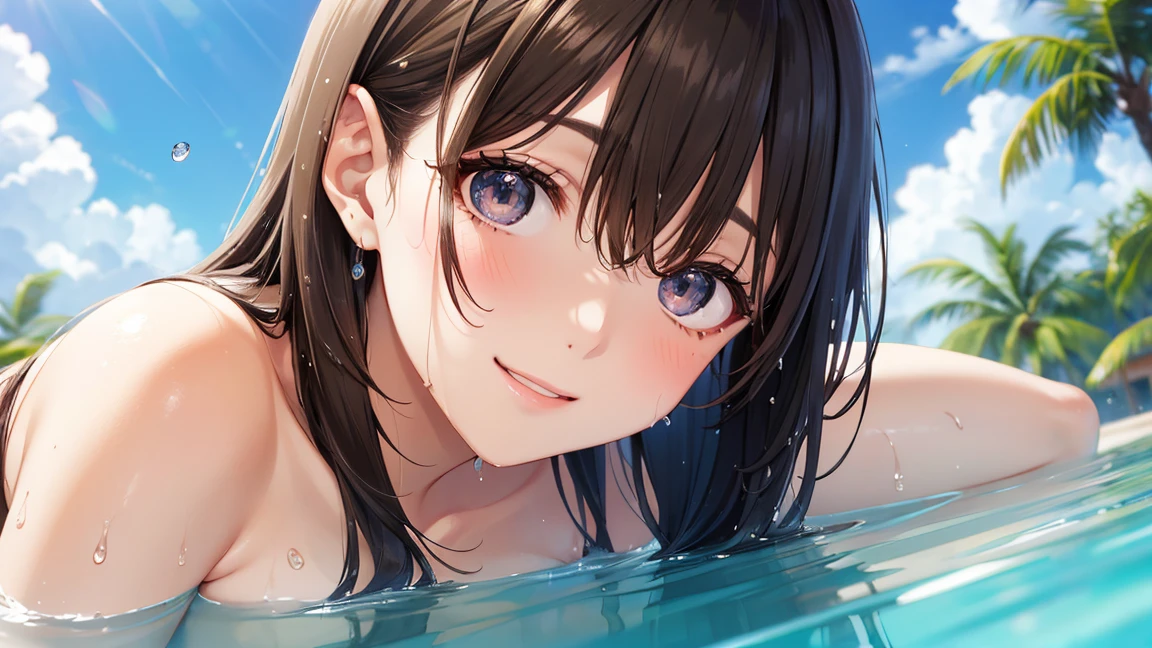 pretty girl、、naked、(blush)、naked、blue eyes、Black Hair、Mid-length hair、