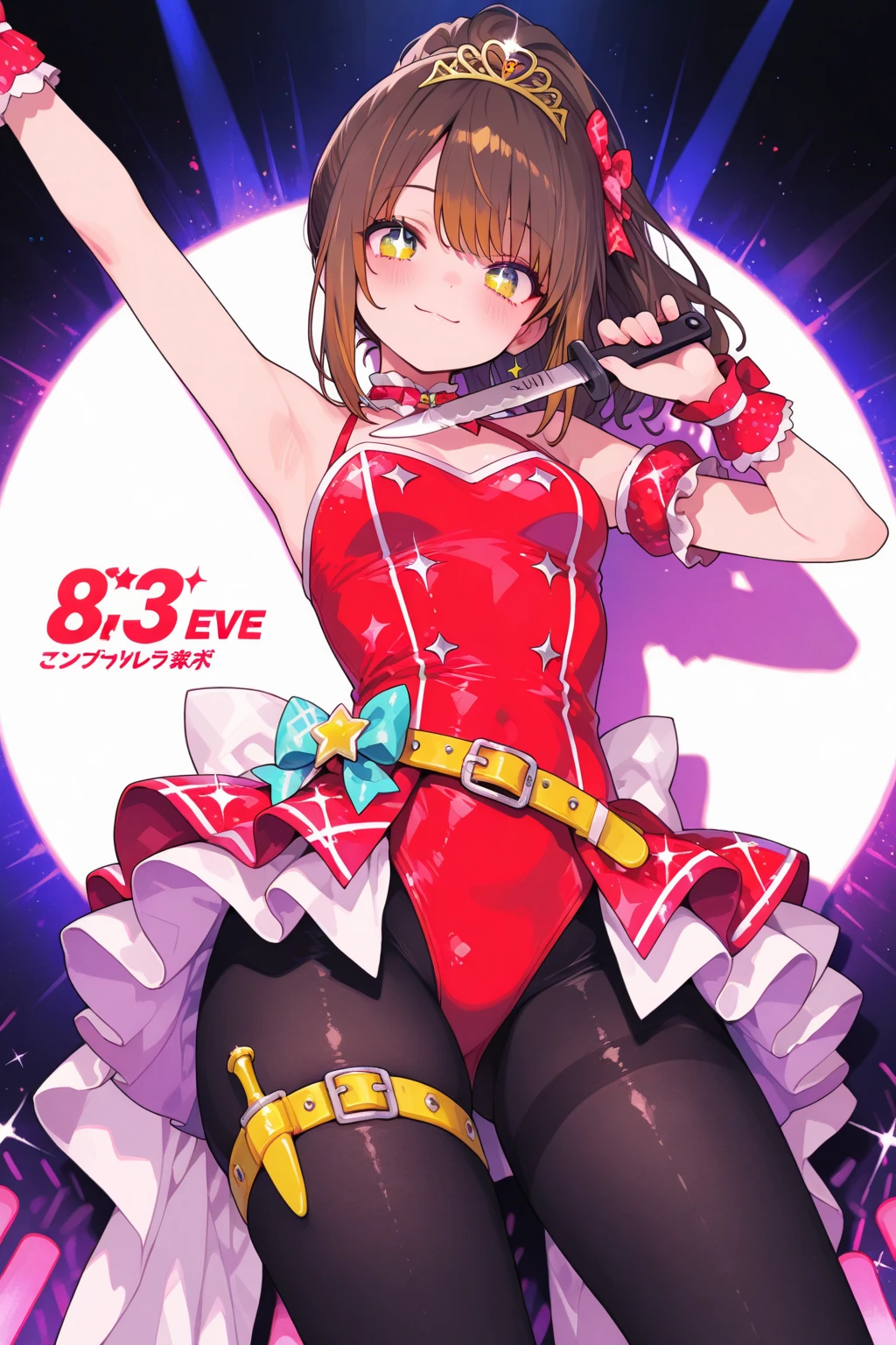 the clown girl, funny, painted face smiling evilly, sexy bikini, orange hair, big breasts, punk rock belt, plaid skirt, psychotic circus background.