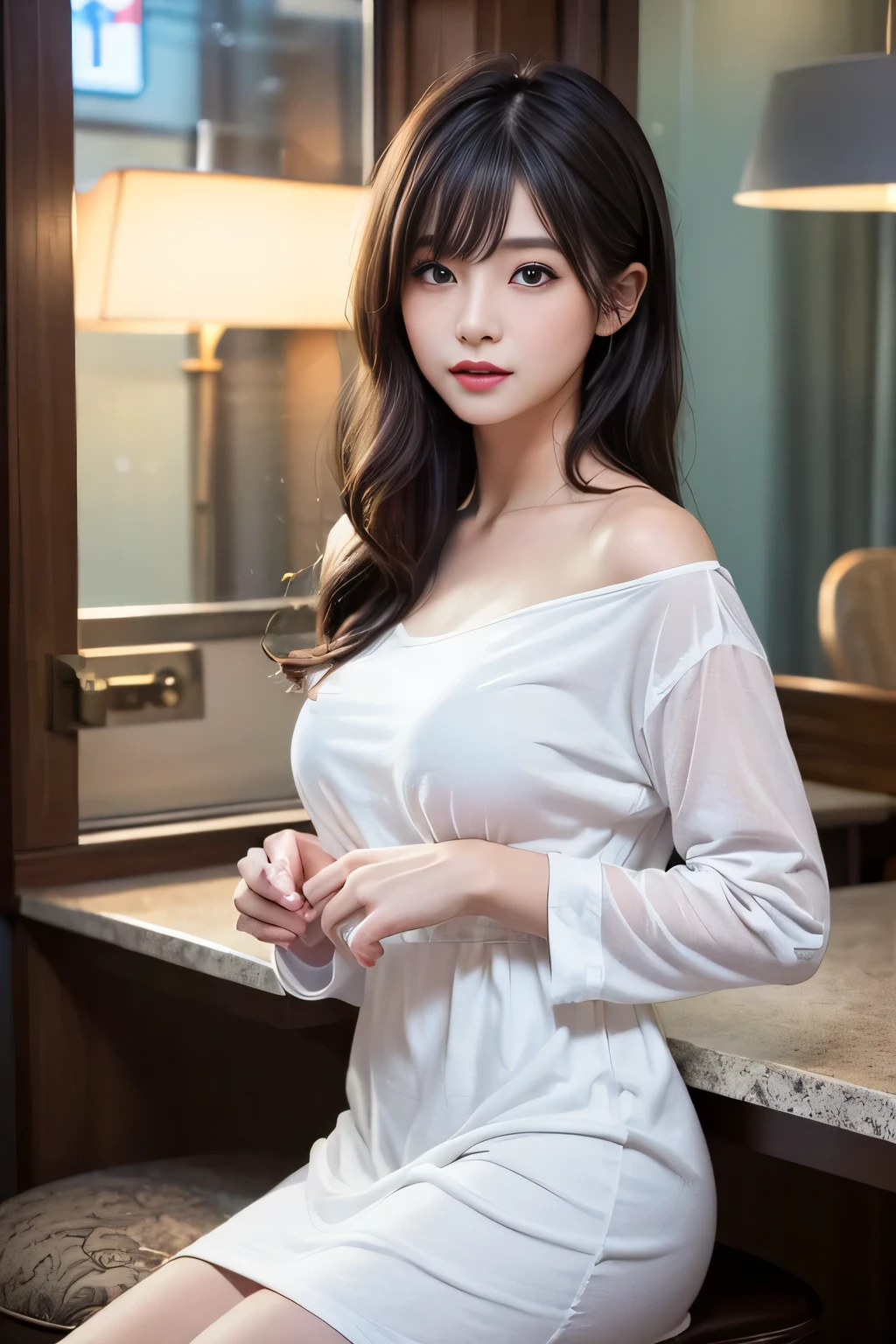 a 22 year old transsexual woman with his own penis, a beautiful face of an actress is man's own one, woman's large breasts are man's own one, tight formal shirt is worn, a man's large penis being naked is exposed, between legs, sitting on the sofa in living room, japanese, nsfw, best quality, highly detailed, masterpiece, ultra high res, photo realistic, 8k