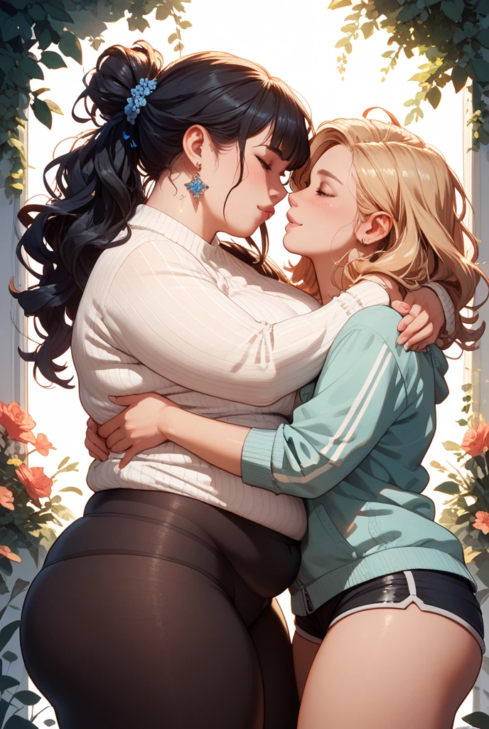 Two-dimensional girl、((Summer light))、Steppe on a summer day、((From the top))、Sun directly above、huge-breasted、big round glasses、bbw,Large Thigh、Two girls、embracing each other、Deep kissing、the kiss、lesbian、red blush