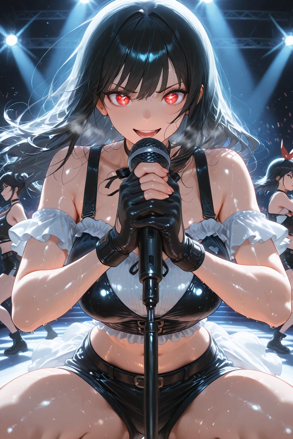 masterpiece, 最high quality, High resolution, Final Fantasy 7、Tifa Lockhart、Black torn clothes 、Black ripped pantyhose、Dark church at night、sexy、Wearing a mini skirt、Thin legs、Big Breasts、Slim figure、high quality CG Tone、Torn black panties、Defeat scene、Losing to a woman、Fighting、Falling and in pain、Surrounded by women