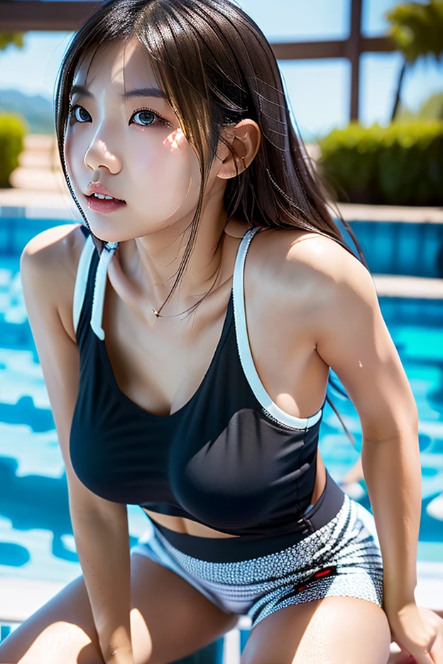 (2girls:1.1), sitting at seat, on the train, school uniform, a school bag, shirt,
(from below:1.2), 1girl looking over her shoulder,1girl in、bela mulher japonesa、Thin rag、(stick out one's ass:1.2)、finerly detailed face、shorth hair,(gigantic breasts, cleavage:1.2),(swimming race suit :1.3), (cameltoe),cute,kawaii,wet,from behind, backshot,, 1girl looking over her shoulder,big breasts、Pichi Pichi