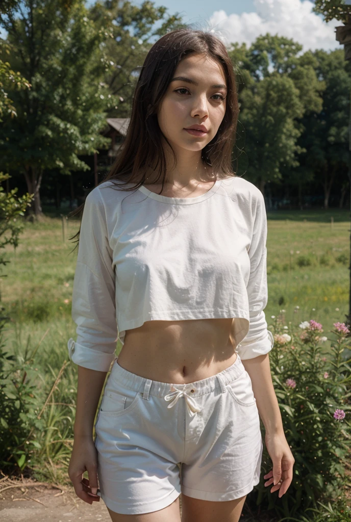 Mujer joven. Pelo moreno, piel clara, pelo largo, ojos grandes verdes, cara sencilla, cute, sonrisa, mejillas sonrosadas, cuerpo entero, definido, escote, camisa blanca, pantalon rojo ajustado. Con cara alegre, definida y detallada. Fondo de jardin