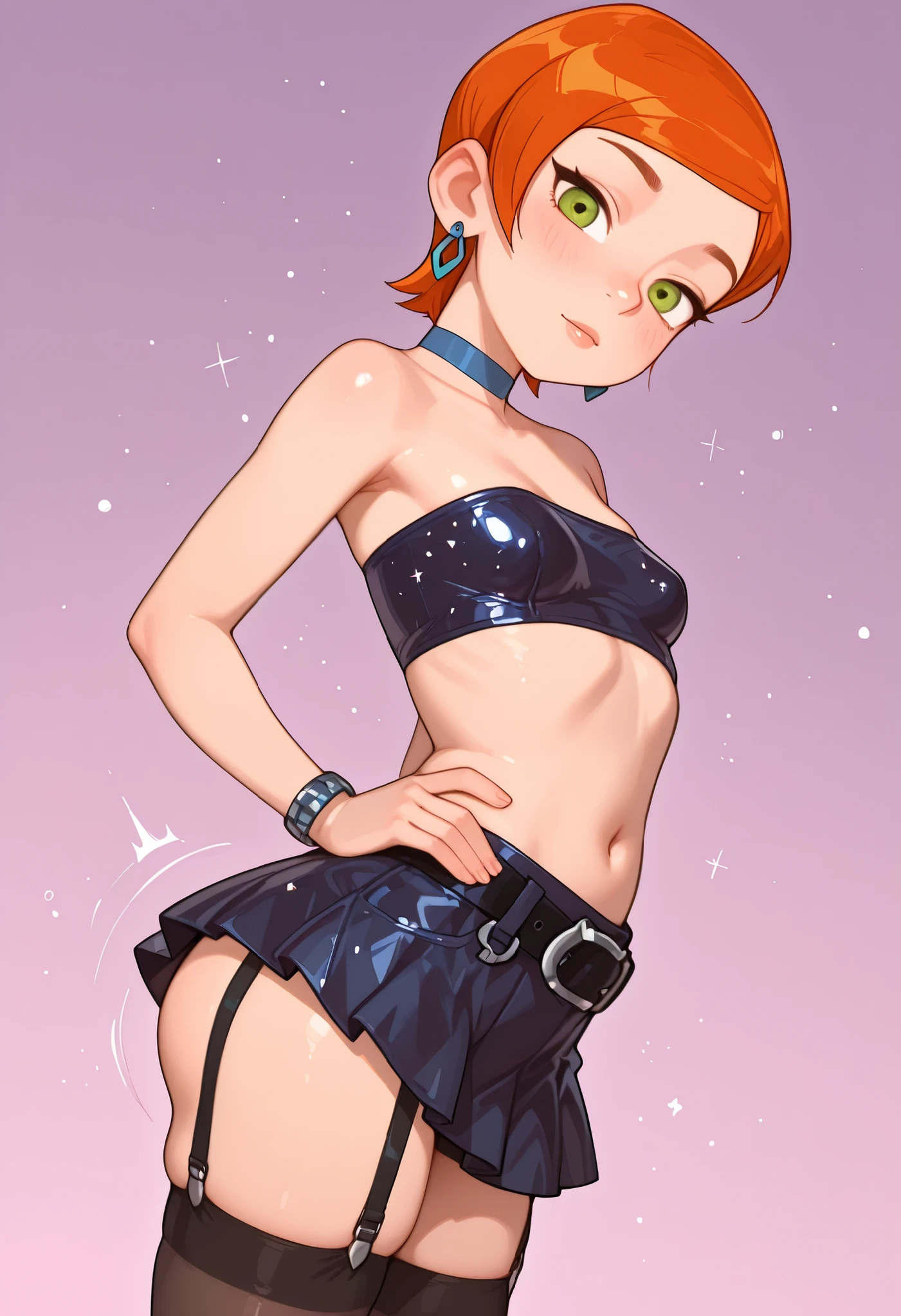 Gwen Tennyson . ginger . short hair . green eyes . small breasts, huge hips . slim body . choker . | Looking from the viewer, choker, nude. bracelets. first-person view. skirt, miniskirt, thighhighs, glitter bandeau, bandeau, jewelry, belt, earrings, garter straps, dutch angle, ass shake, head tilt, looking at viewer, hand on hip, midriff, navel