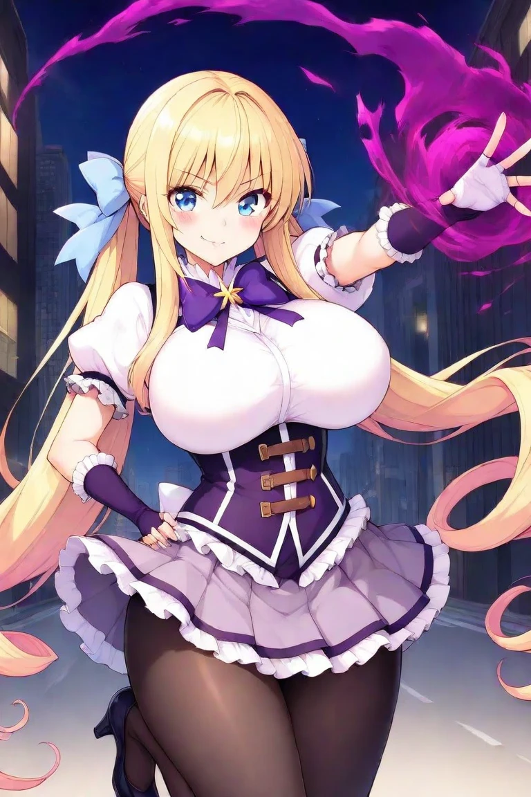 Highest quality, 1girl, solo, blonde hair, long hair, blue eyes, gigantic breasts, thick thighs, green shoulderless top, standing, box pleated skirt, thigh highs, smile, wide hips, elbow gloves, sexy pose