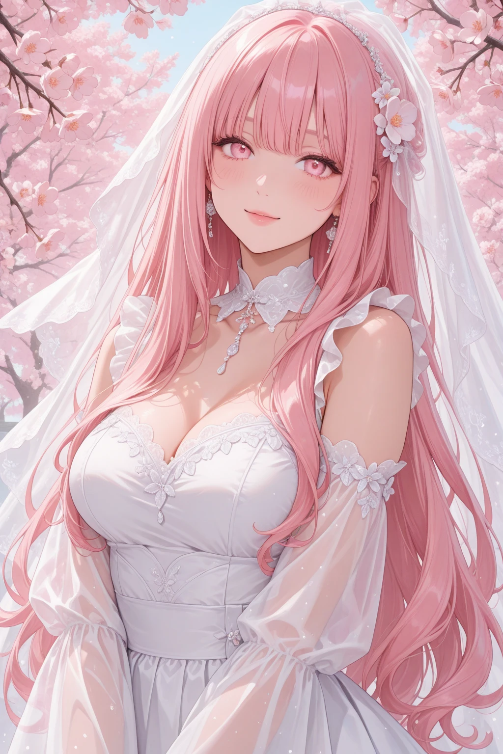 Highest quality、Masterpiece、Super detailed、Big Tits、Too big breasts、Light pink hair、Fluffy and soft long hair、Aquamarine Eyes、Belly button、Association、Wedding dress、bouquet、Lace veil