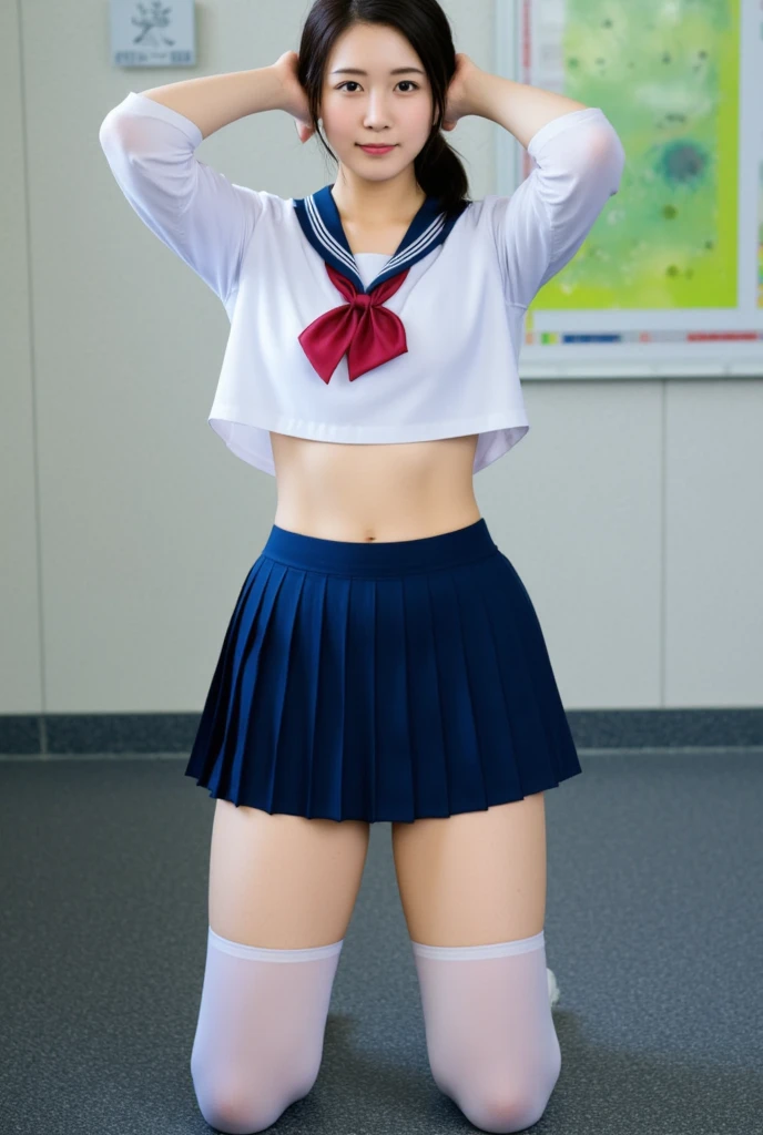 nsfw, pussy, pubic hair, nipples, on the stage, masterpiece, perfect face, Japanese idol face,Highest quality, realism, Unbelievably_Absurd, wallpaper, Cheer Leader, Long Hair, Brown Hair, Wavy Hair,  medium round breasts, seifuku, White knee socks, super ultra micro cheer mini skirt, half gloves , naked, pussy under the skirt, from below, spread pussy by self,