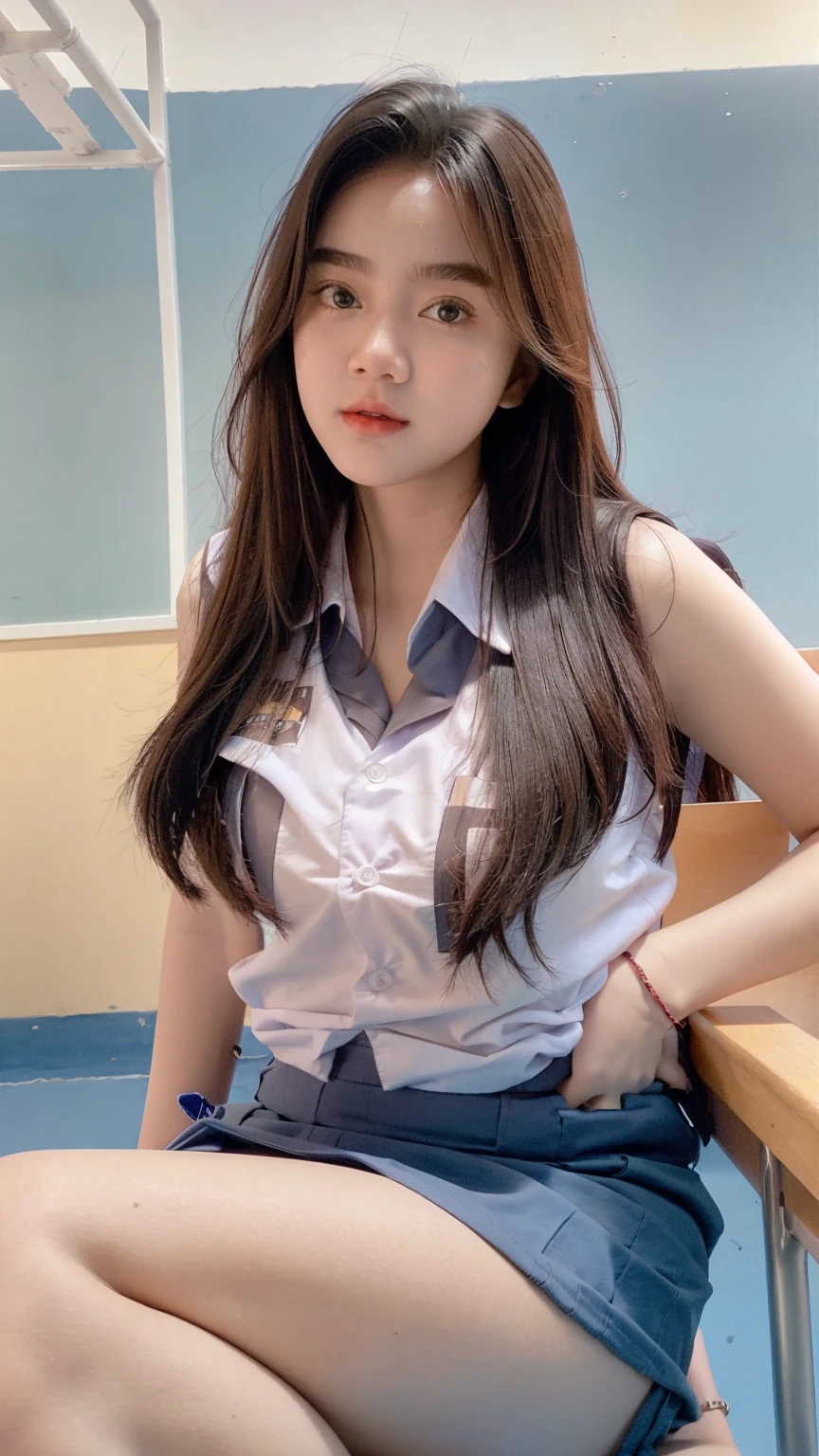 Masterpiece , Beautiful 18 Years Old , Gigantic Large Breast , Cleavage , Sleeveless , ((Wearing High School Uniform)) , High School Skirt , White Sneakers , In Classroom , Take Selfie , ((Centre:1.1)), ((Symetric Picture:1.1)) , ((Blonde Hair:1.1)) , Extremely Detailed , Messy Hair, NSFW, hot, pink pussy