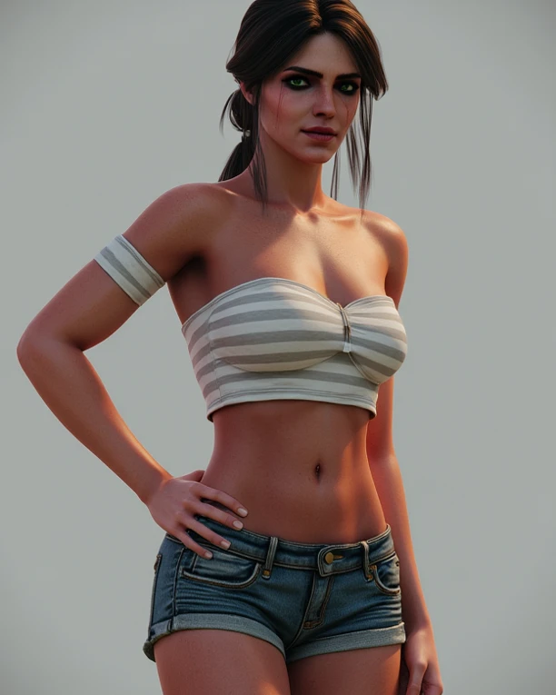 Masterpiece, best quality, intricate details, ultra detailed, 1girl, solo, <lora:IsabelaKeyes:0.7>, Isabela Keyes, black hair, long hair, jewelry, earrings, ring, shirt, bare shoulders, midriff, navel, pants, outdoors, park, hands on hips,