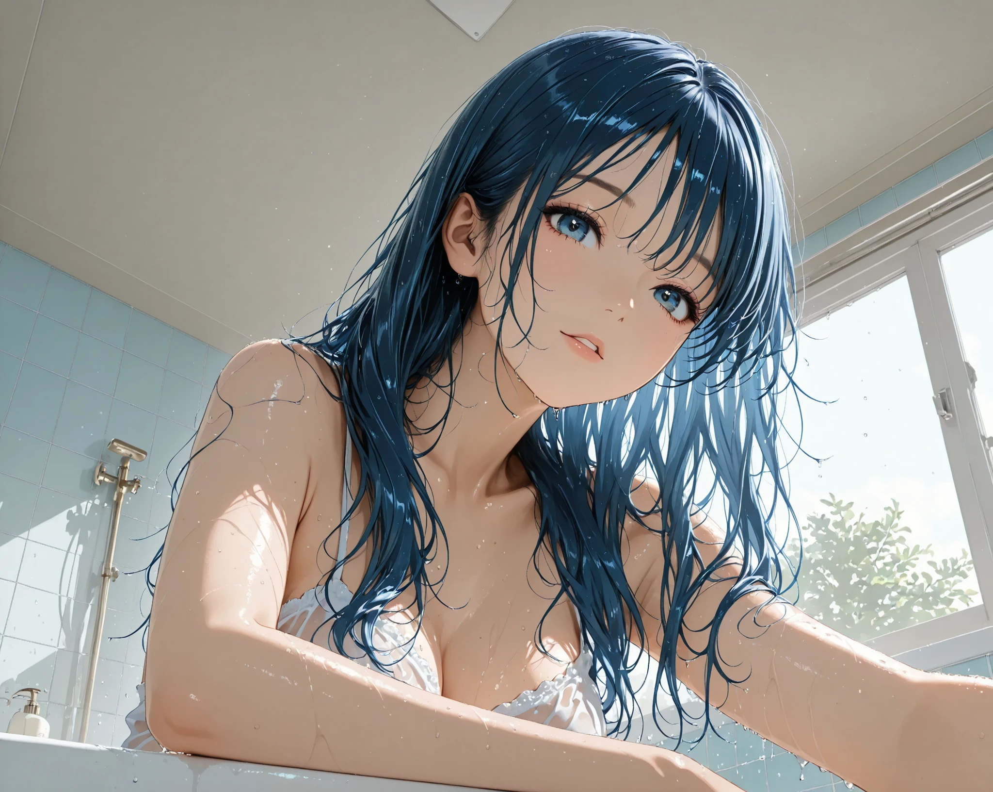 distant view ,From below,long hair,blue Hair,model,clear makeup, taking a bath,bathroom,wet hair, soaking wet