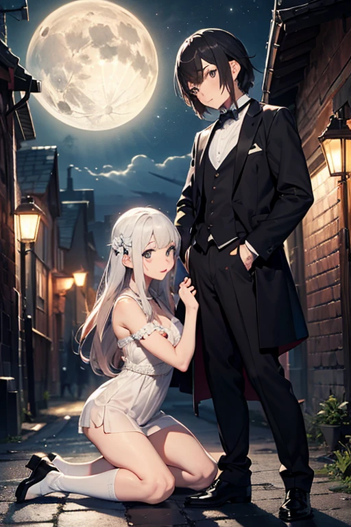 A black haired man with green eyes and fox ears is dancing with a white long haired woman with bunny ears with blue eyes with an hourglass figure with a black satin slip dress in a bar, no color, lineart, line art. manga. no color.