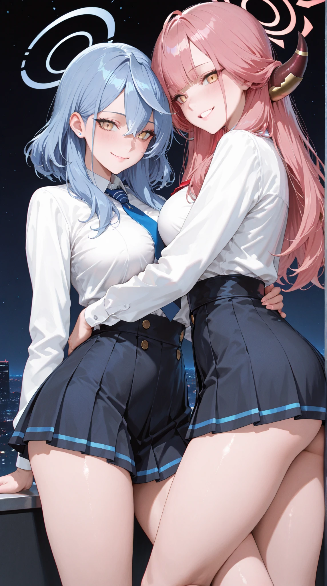 1girl,official art, masterpiece, sharp focus, (beautiful gorgeous cute Korean woman:1.3), (beautiful cute korean:1.3), korean beauty, Delicate and beautiful hair and eyes and face, realistic, ultra detailed, beautiful girl, blue sky, glow white particle, (sidelighting:1.2), sun light, white cloud, detailed clouds, slender, Lovely very large breasts and very large hips, smile with teeth, ((smile with eyes, open both eyes)), scenery, long straight hair, sexy facial expression, building, (cityscape:1.7), dynamic hair, long straight hair, detailed platinum pink hair, glow blue eyes, (blue pleated shirts + white skirt), white long socks, pale skin, hair ornament, epic scenery,