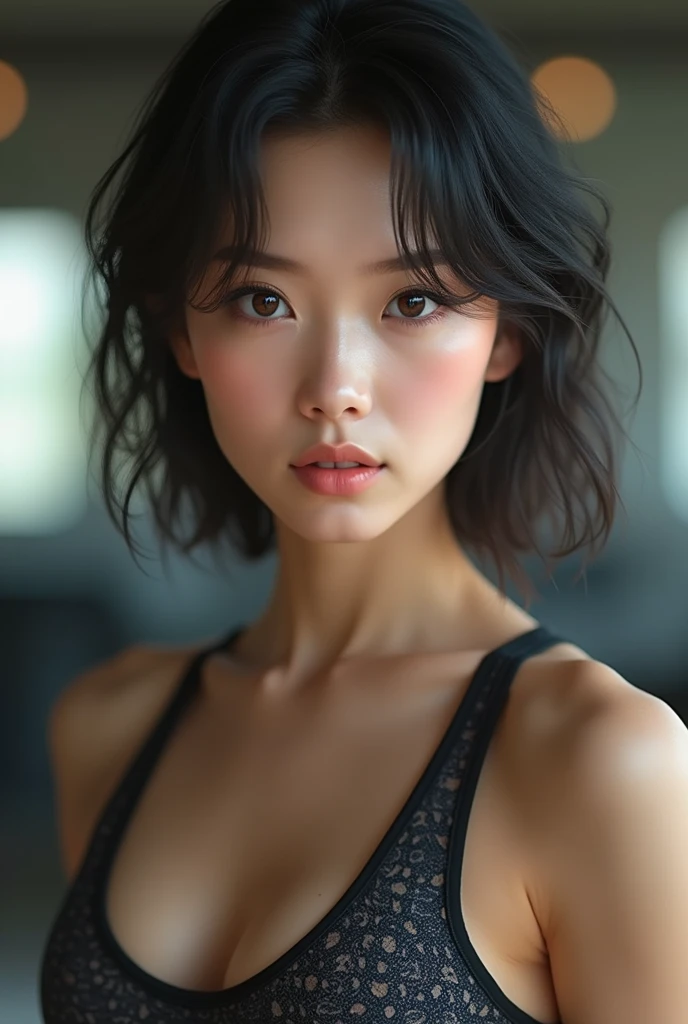Japanese girl beauty, You are cute, Has beautifully shaped lips and dark skin., Her eyes are a light honey color.., she is very beautiful, perfection , a model. She is known for her classic and elegant beauty.., very lovely woman, Standing tall on the mountain under the tree through her beautiful cleavage.., natural breasts, , Wide breasts, small nipples, A doctor with a thick, black swollen vagina, Very sexy, The image must be high resolution (16k hard drive) Render in stunning 8K resolution,