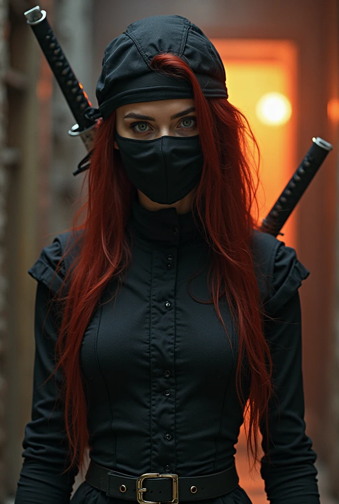 1girl, red ninja suit, hidden face, red hair, red eyes, dark alley, red graffiti, japanese led, fog