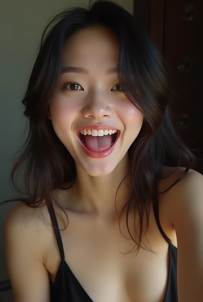 female Filipina young teen, mouth very wide open and smiling, mouth full of semen, eyes open, long hair, wearing pink lingerie, extreme skin detail, ultra realistic, 8k, wallpaper, kneeling on floor, viewed from above