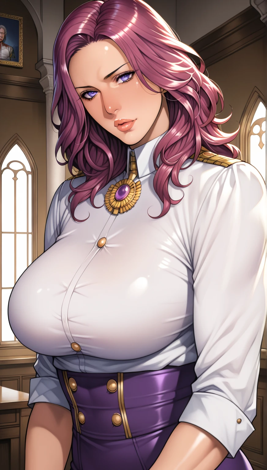 realistic,official art,masterpiece,8K, best quality,best quality,depth of field,bokeh,((upper body shot)),(straight on:1.3),
1girl,Slender body,medium breasts,(nipples slip out:1.1),
(euphemia_li_britannia:1.3),very long hair,pink hair,
(light pink dress|light purple:1.3),(white sleeves:1.1),cleavage,flower on neck,
(standing:1.4),hand to hand,
(looking at viewer:1.5),smile,
(Luxurious palaces:1.3)