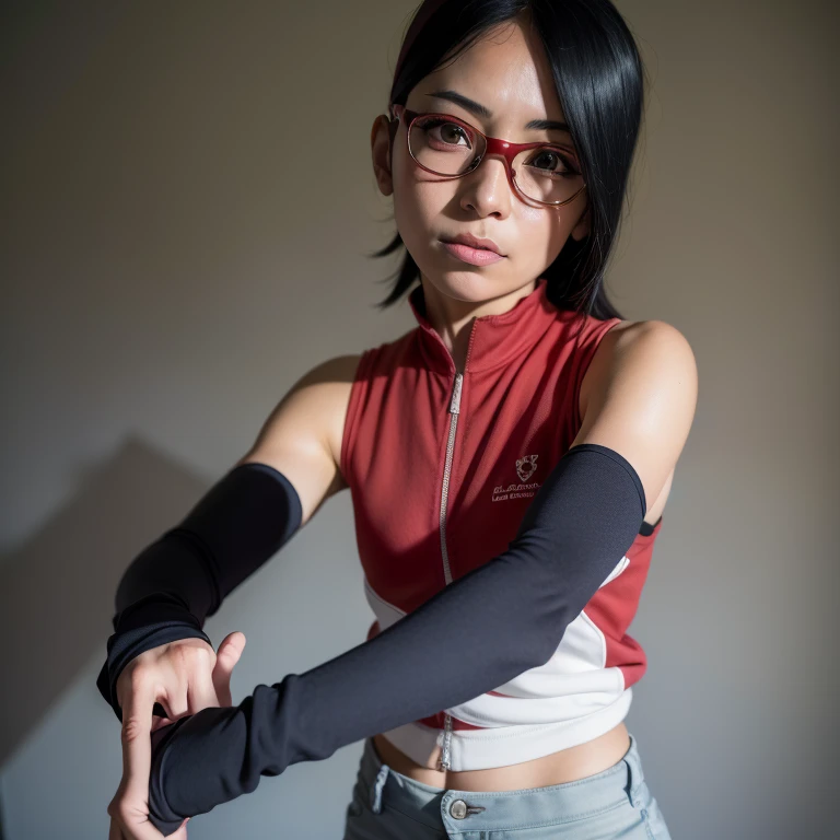 1 girl, standing, beautiful Sarada Uchiha, 18 years old, Cups, Black thighs, arm warmers, forehead protector, shorts, short hair, big chest, black eyes wearing glasses, small hips, big ass, capture anime screen, Sarada is 18 years old, mature appearance,armpits,sweat,sweaty,sweaty armpits,arms up,showing armpits,awesome armpits,outfit,blackish red arm warmers,maroon arm bands,matoon arm warmers