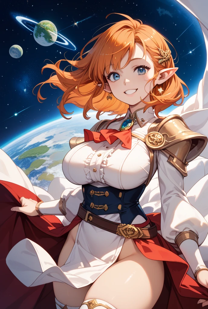 Anime Style,A detailed background with many people,Space Colony,People on the balcony,Smiling Bard Elf,Mature Woman,Large Breasts,Protruding buttocks
