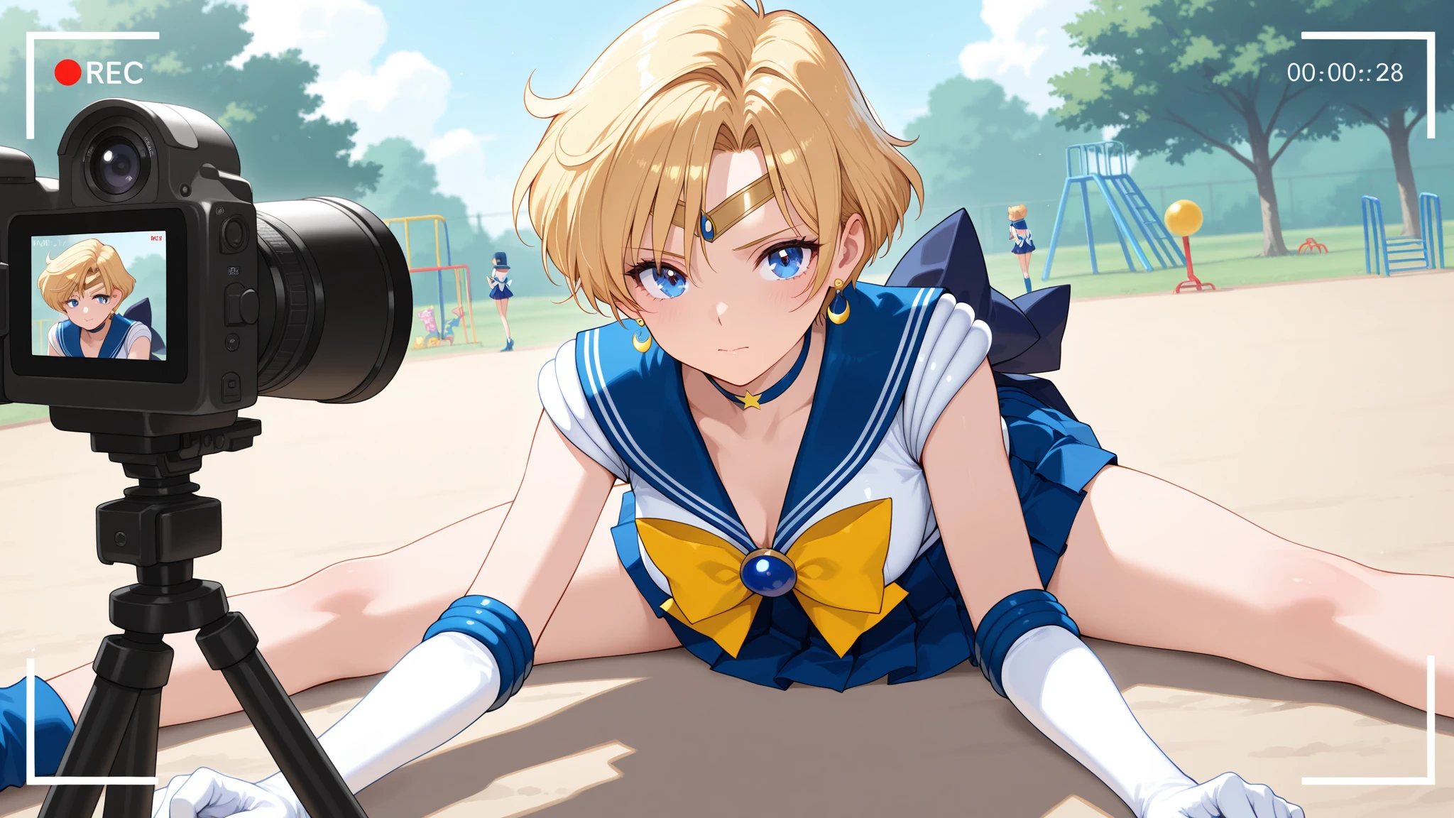 (masterpiece), highest quality, expressive eyes, perfect face, open your mouth, cum on tongue, cum in mouth, tongue, tongue out, short hair, blush, smile, Ahegao, medium breasts, short hair, Sailor Moon Uranus, blonde, blush, Sweat