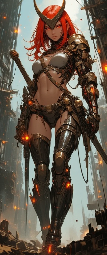 A mulher'Her body is defined by thick thighs and cybernetic body parts, roupa interior curta