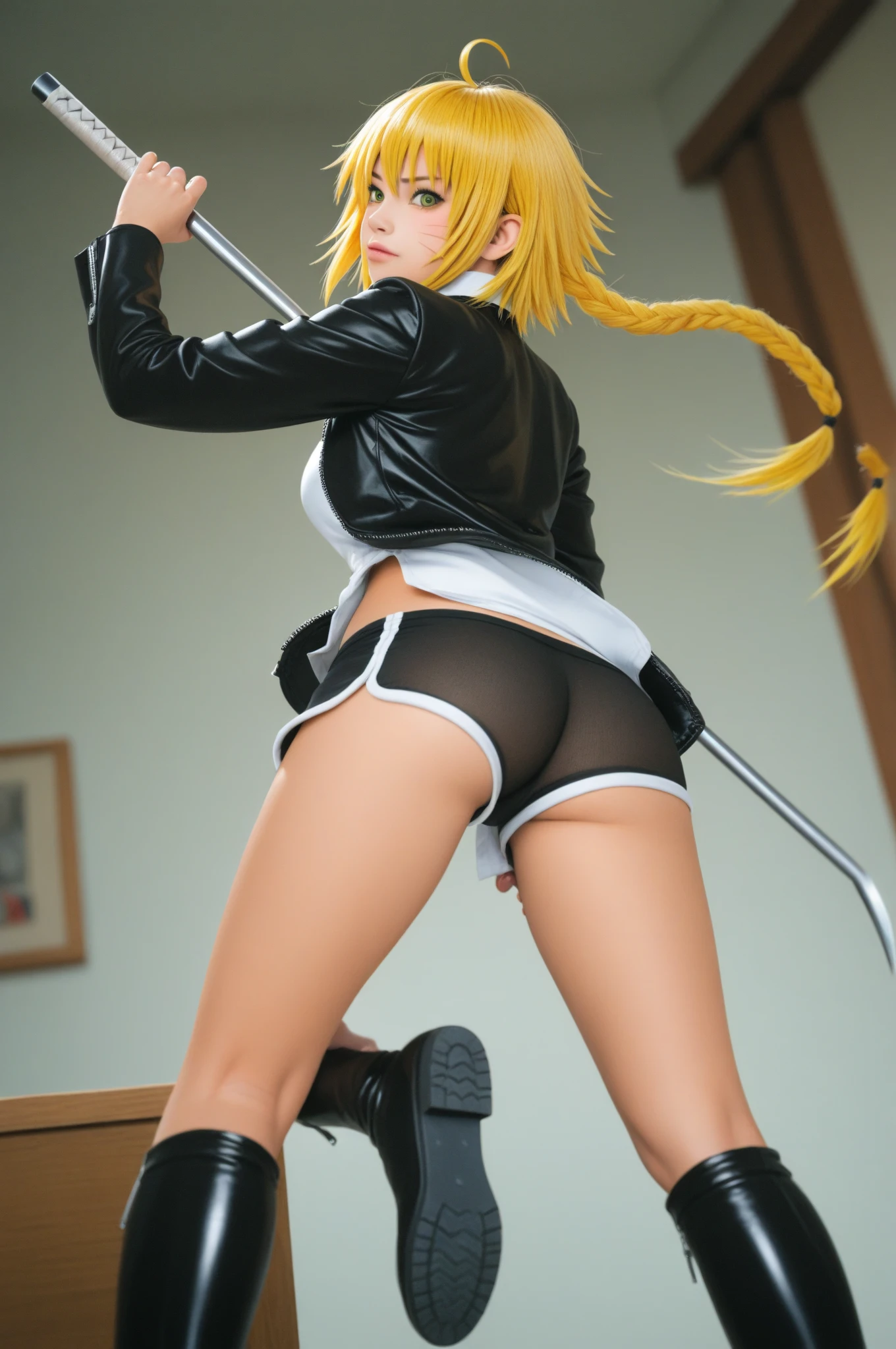 blonde girl, smooth skin, curvy figure, big boobs, big ass, loose flowing ripped black tee, tee slipping off shoulder, panties, choker, dyed hair, leaning against wall, side view, (in bedroom:1.1), bedroom in background, (longtorso:1.3)