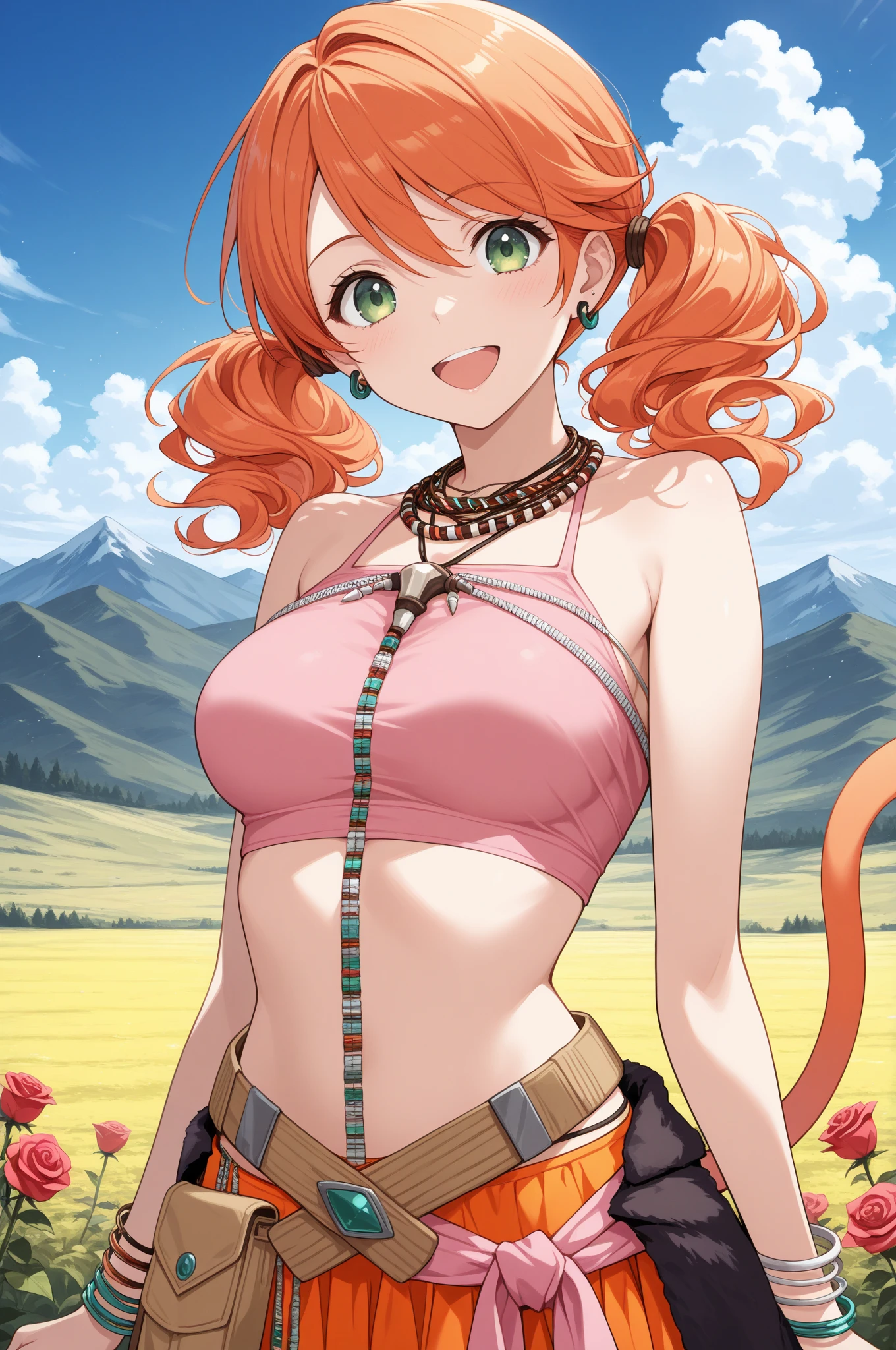 (Masterpiece, Best Quality, High Quality), professional artwork, well drawn, Intricate Details, field of view,
Nishikino maki, afternoon, 
Red hair, ultra detail hair, ultra detail face, perfect eyes, perfect face, earring, purple eyes, Looking at Viewer, sitting, smile,
Leopard print tube top, strapless, leopard print shorts 