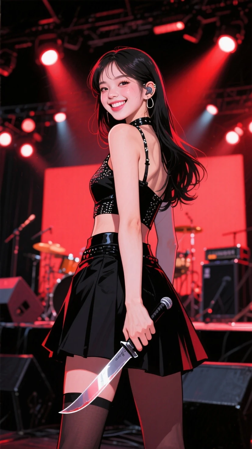(masterpiece, Highest quality)、live house、Cute girl vocalist、Dark Eyes、Gorgeous lighting、Tight mini skirt、Black Hair、Japanese women、Stand microphone、