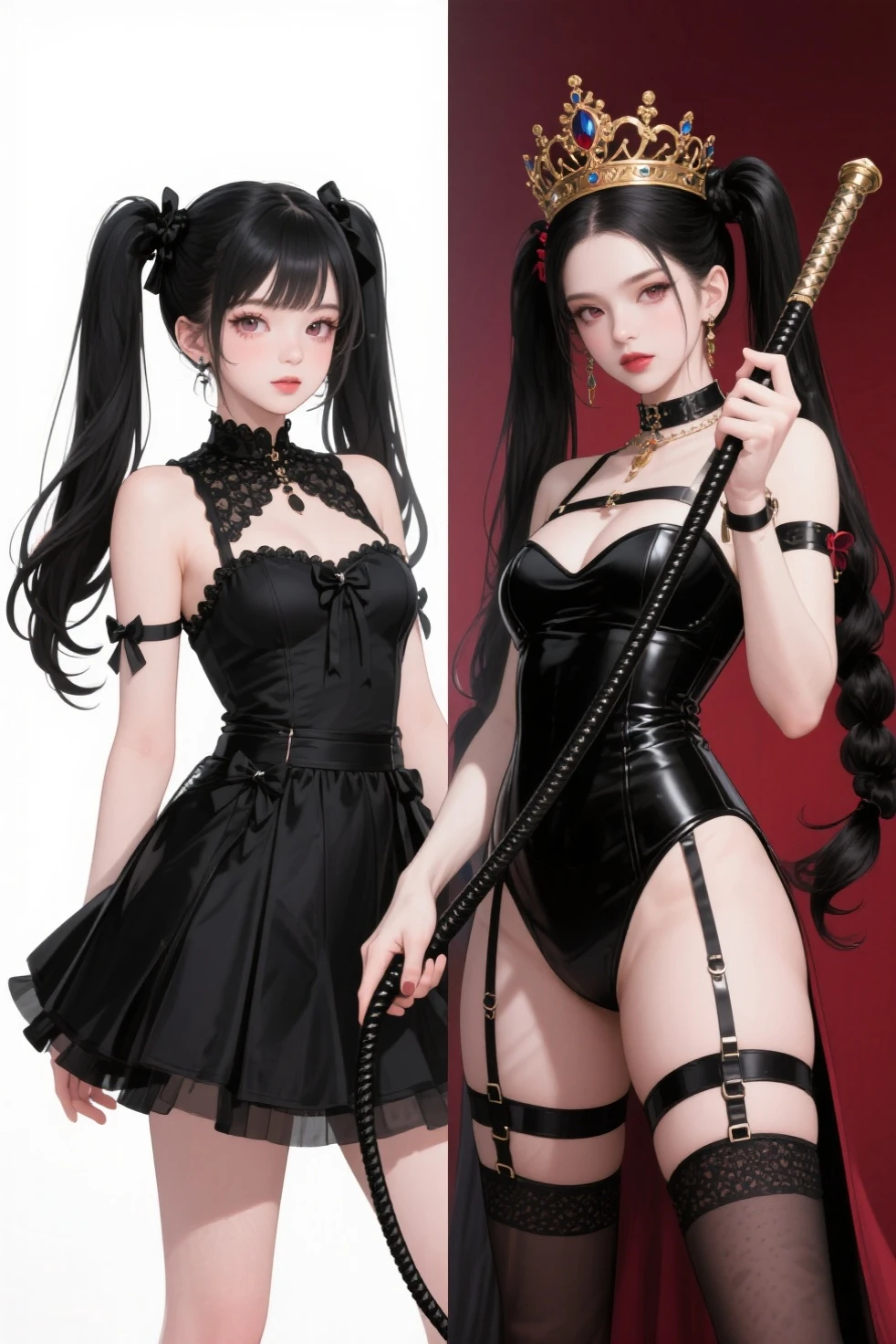 Close-up of three women in different costumes on white background, grunge style, grunge aesthetics, !!!, grunge aesthetics!!! (, sexy gloomy style, grunge aesthetics, grunge fashion, teen grunge punk rock, Y2K style, y 2 k style, punk style, this set style, gothic style, retro aesthetic, 90s style, retro look, standing, cheongsam, chains,