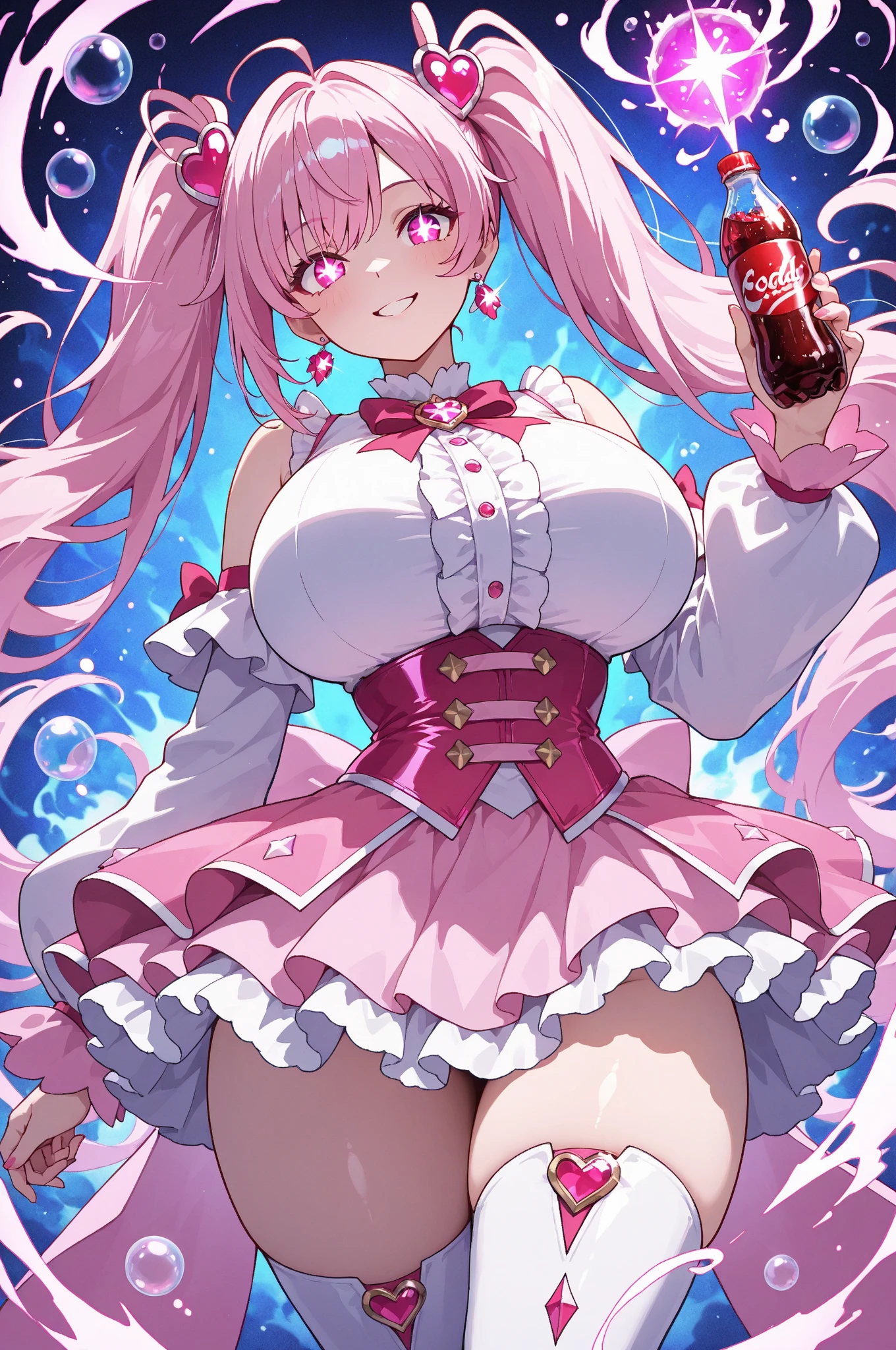Eat shaved ice:2(((masutepiece))),((ultra-detailliert,Best Quality)),fullllbody,Fulll body Shot.((Pink hair, Long hair,Straight hair,two side up)) (Green eyes),eyeshadows, eye line,gloweyes, ultradetailed eyes, intricate eyes, Beautiful eyes, ((Glowing pink pupils))18-year-old girl.Wearing Chanel