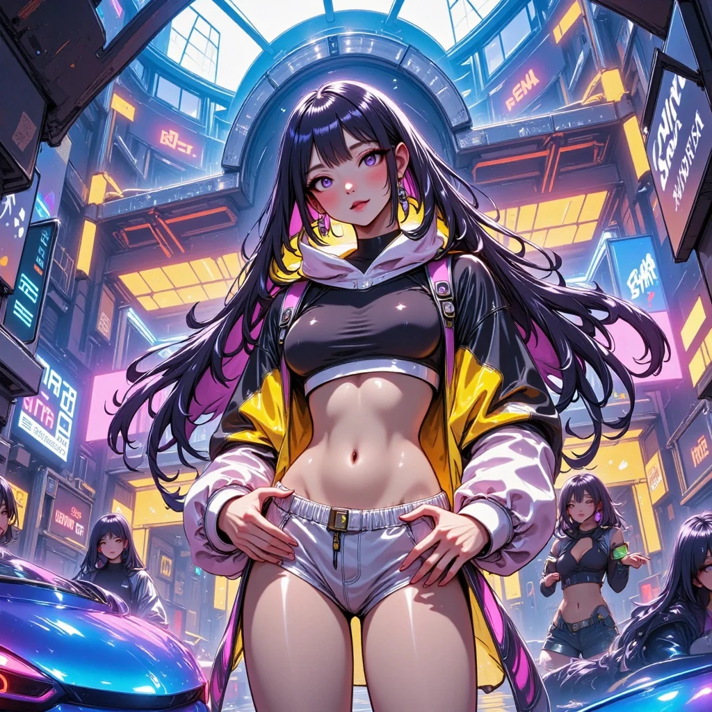 ((masterpiece)), Highest quality, Absurd, Super detailed, Holographic, Cowboy Shot, Rear view, Ass Focus, Golden Ratio, Very cute girl, Mature Girls, idle girl, Super beautiful Asian girl with gorgeous purple eyes, Beautiful shiny brown multicolored hair, High Ponytail, nice and sexy body, The body is slim, Perfect body, Super tight off-the-shoulder long sleeve crop top with anime print, Super beautiful transparent mini jacket, Beautiful hair ornaments, pink jordan tennis, Being photographed at a store in a shopping mall,( Take off, Showing off her neon pink thong, Displaying G strings: 1.5)