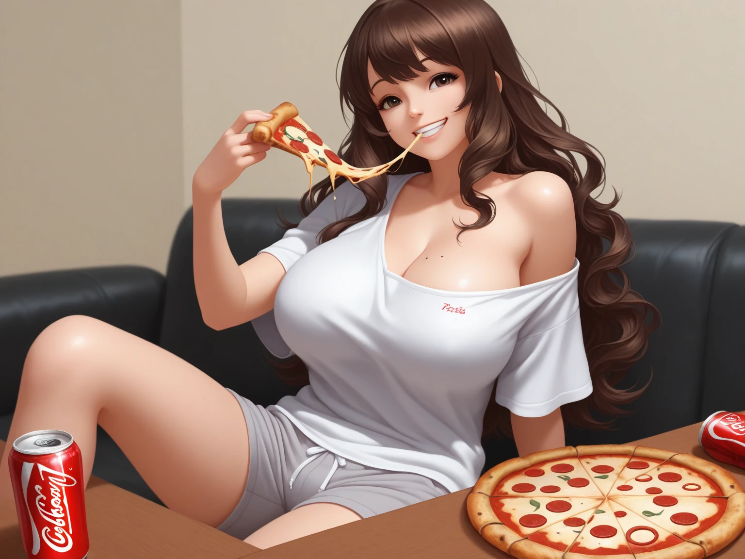 Holding (A slice of pizza)1.5 topless, Armless, A woman wearing full-zip shorts Jeans have a belt With side slits Big Ass Spread your legs Open your arms