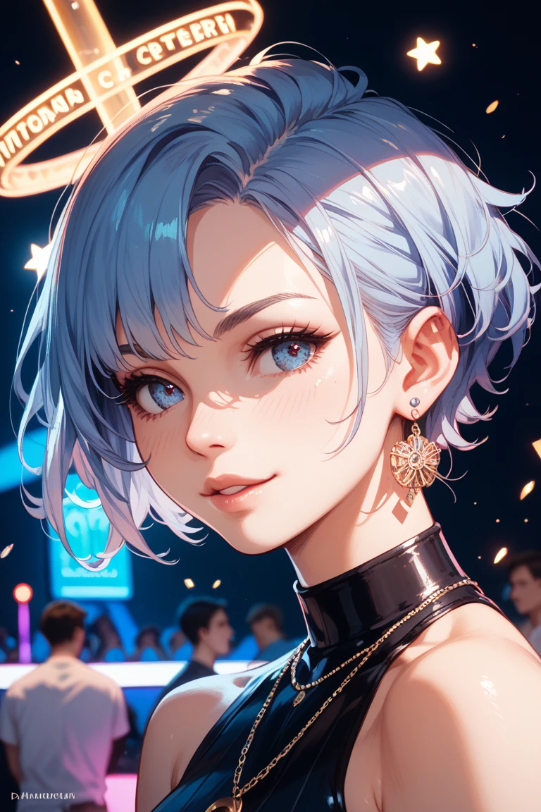 1 person、8k、Sharp focus、(Bokeh) (Highest quality) (Detailed skin:1.3) (Intricate details) (anime)、Light blue hair、short hair、Pink eyes、Expose your shoulders、Glowing Skin、Ethnic pattern tube top bra、profile、Upper body close-up、smile