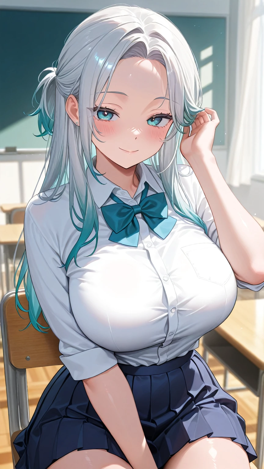 [1girl, Izumi Sagiri, eromanga sensei], (throw_hand, pink vibrator remote switch in throw_hand, throw:1.2), Highest quality, Super detailed, masterpiece, Ultra-high resolution, 8K, Ridiculous, Cowboy Shooting, Blurred, Focus on the girl, Embarrassing, blush, Lovely, Open your mouth, What saliva leaves behind, Wet skirt hem, (Sticky panties:1.1), Bulging of the vibrator cord, Vibrator with Garters, (cleavage), Classroom Background, The skirt is accidentally exposed,(large breasts), (crop top navel), (waist line), Accidentally exposed panties