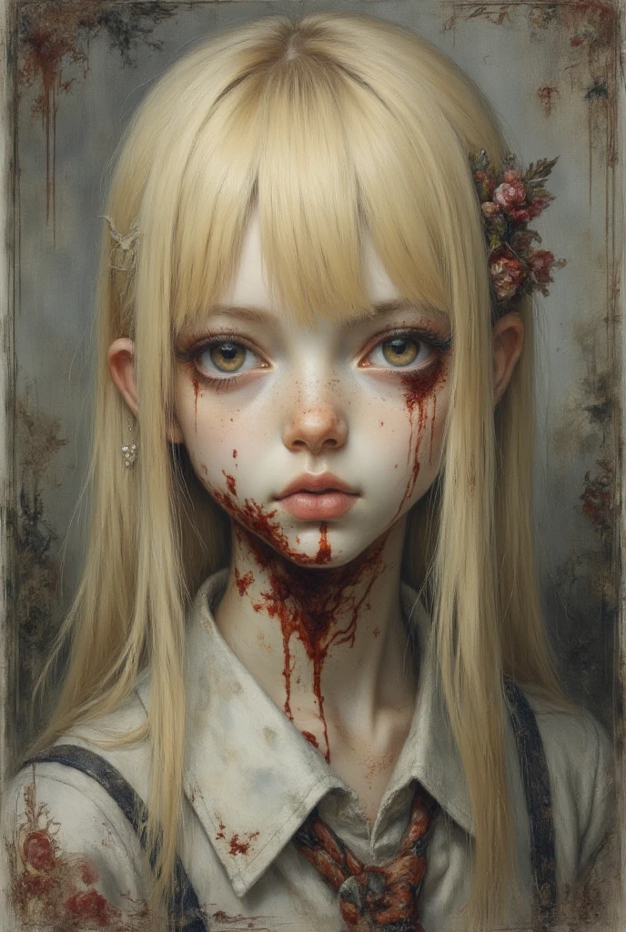 (32K:1.5, Dark fantasy:1.4, Highest quality, masterpiece, Ultra-high resolution), Perfect dynamic composition:1.3, Horror Portrait:1.3, chaotic background, Dark Background, Prisoner, slave, Dark Demon World, (Detailed tattoos on the whole body:1.4, Wearing elaborate jewelry:1.4), Very detailedな肌と顔の質感:1.3, Very accurate, Very detailed, (Sexy succubus demon with big wings:1.3, Incredibly slim body:1.3, beautifully、beautiful:1.3), Horn, Fair skin, Sensual posture, ((Dressing properly in bloody and badly torn clothing:1.3)), Medium chest, (Big eyes that exude beautiful eroticism:0.4, Feel the intense caress:1.0, Please open your mouth a little, lipstick, Feel the beautiful eroticism:0.9, Too sexy:0.9, charm的な:0.9), ((Covered in blood:1.5, Physical pain:1.5, Lots of chains:1.6, Countless chains tangled in clothes:1.6, Chain your right arm:1.5, Chain the left arm:1.5, The right leg is bound with a shackle and chain:1.5, The left leg is bound with a shackle and chain:1.5)), Super long blonde curly hair, Earrings, necklace, bracelet, romantic, mysterious, elegant, Object of admiration, original, dramatic, artistic, Innovative, charm, Heartful, Fancy, sense of openness, sense of cleanliness, special, exciting, Extreme, Tilt, sense of loss, sorrow, sorrowの表現, ((大人のcharm, 女性的なcharm))