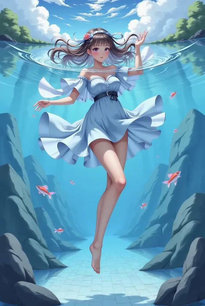 (masterpiece), (best quality), (official art, extremely detailed CG unity 8k wallpaper), (highly detailed), ((absurdres)), 1girl, mid shot, full body, (exquisite facial features), ((sfw)), ((white thighhighs without shoes)),flower-shaped pupils, color contact lenses, ((underwater)),(beautiful detailed water),((coral)),dynamic angle, floating,(detailed light),floating hair,(splash),((fishes)),leaves dress, feather, nature,(sunlight),(underwater forest),(bloom),(detailed glow),drenched, seaweed, fish,(((Tyndall effect)))