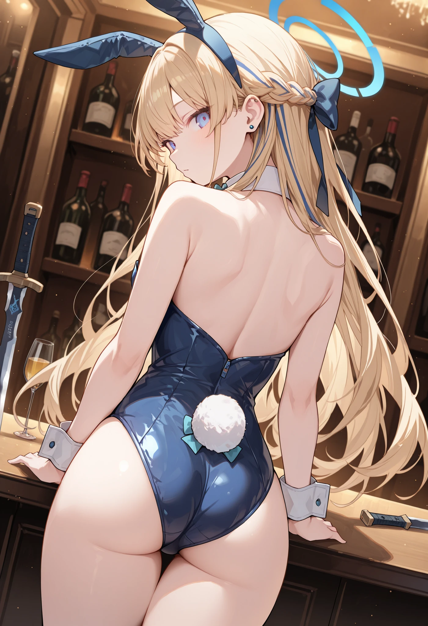 masterpiece,Perfect Anatomy,high resolution, Super Detailed,beautiful eyes with attention to detail,Dutch angle,非常にhigh resolution,Tokibuni, fake tail , rabbit tail, long hair, striped hair on men's clothing, blond hair, blue hair, french blade, blue hairband, hair ribbon, blue bow, Earphones, blue halo, blue eyes, Playboy Bunny, blue leotard, strapless leotards, detachable collar, Aqua Bowtie, White cuffs, thighs, stud earrings, Bare Shoulders, Covered Navels, Disconnect,cowboy shot,(leg),(from behind:1.5),Straight Posture,Butt cleft,look back,