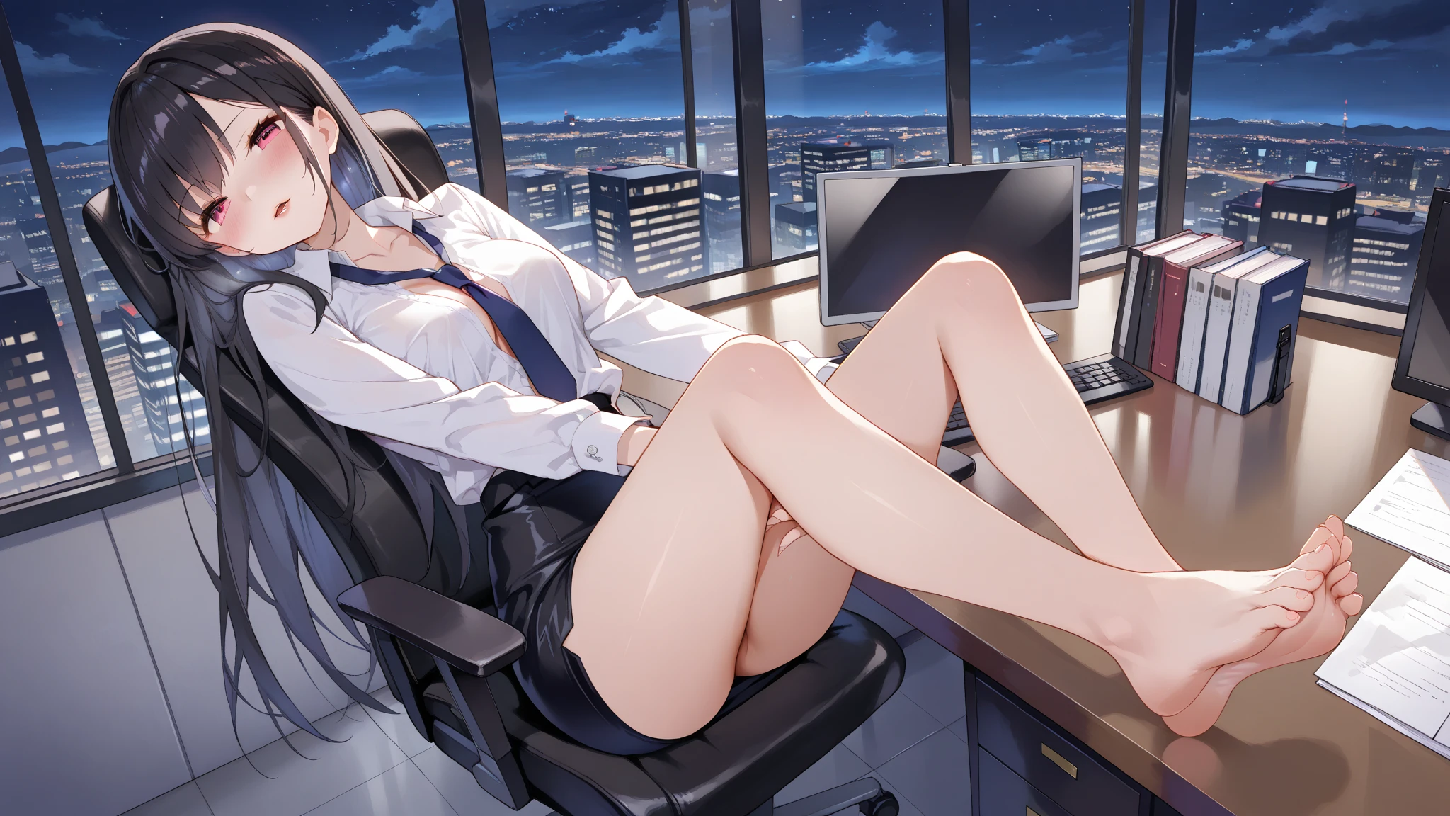 She is looking at her laptop in a sexy outfit sitting by the window, with the night city outside.