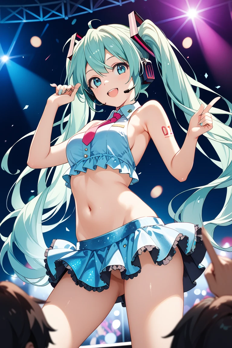 (masterpiece、Highest quality、Highest quality、Official Art、Beautiful and beautiful:1.2)、(One girl:1.3)Hatsune Miku、Twin tails,Beautiful breasts,8K, Highest quality, High resolution, Realistic, Real person, A live stage attracting a large audience, One Girl, Young and cute Japan idols, ((Cane)), big, Long and beautiful legs, With a smile on the stage、Mr.々Dancing vigorously in a pose, Holding a microphone, Gorgeous and revealing costume, Beautiful lighting