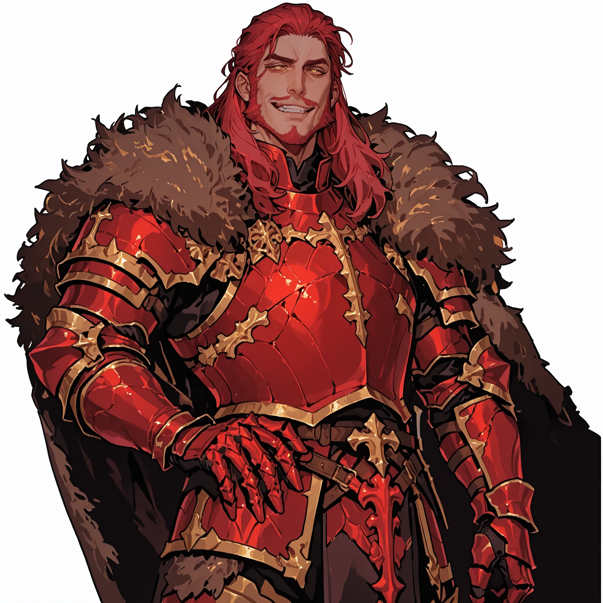 ((illustration)), portrait, 1_male: mature, tall and hunk, handsome, knight, smug grin, red hair, heavy jaw, mutton chops, shoulder length hairstyle, defined face, detailed gold eyes. Dressed in red bone armor with gold details. Fur mantle over shoulders. Comic cover, poster, thick lines Epic. Flatline. 